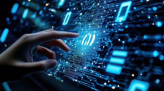 Futuristic interface interaction: hand navigating glowing digital network