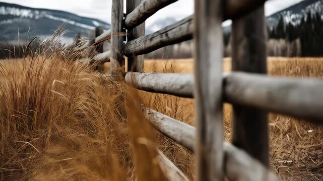 Close-up on weathered split rail fence in rural field with dry grasses, emphasizing wood texture and rustic charm in nature scene.