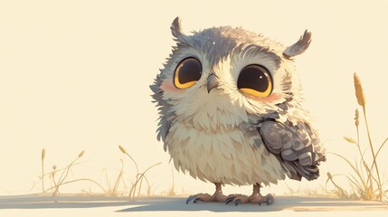 Fototapeta premium Adorable fluffy owl stands sweetly in a warm, gentle field of soft grass