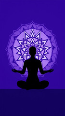 Meditating Silhouette with Mandala on Violet Background