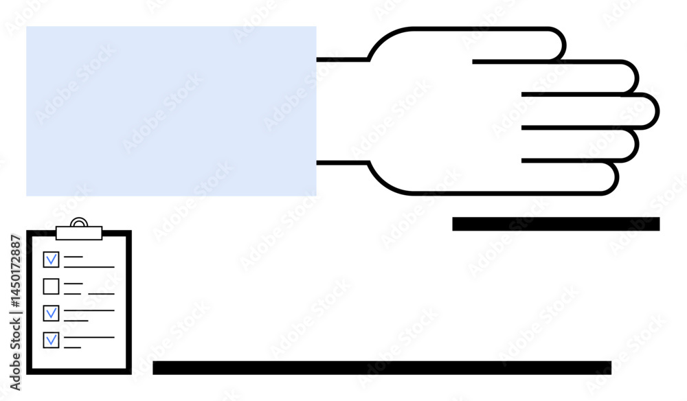 Poster large hand extending outward near a clipboard featuring a checklist with marked tasks. ideal for col