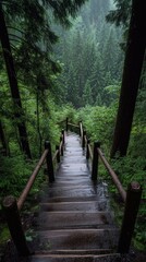 Obraz premium Narrow old wooden stairs with railings in a dense coniferous forest after rain.