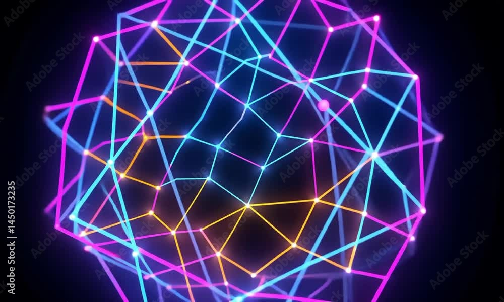 Poster vibrant 3d spherical neural network animation video. glowing lines and connecting nodes animated foo