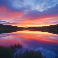 Mirror-Like Lake Reflecting Pink and Orange Sunset Glow