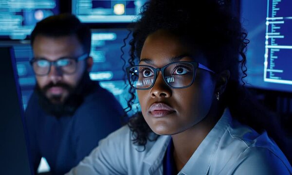 Black female cybersecurity analyst monitoring data systems animation video. African american woman specialist in high tech room animated footage clip seamless HD motion graphics