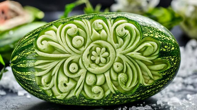 Elegant zucchini carving of a spiraling floral design	
