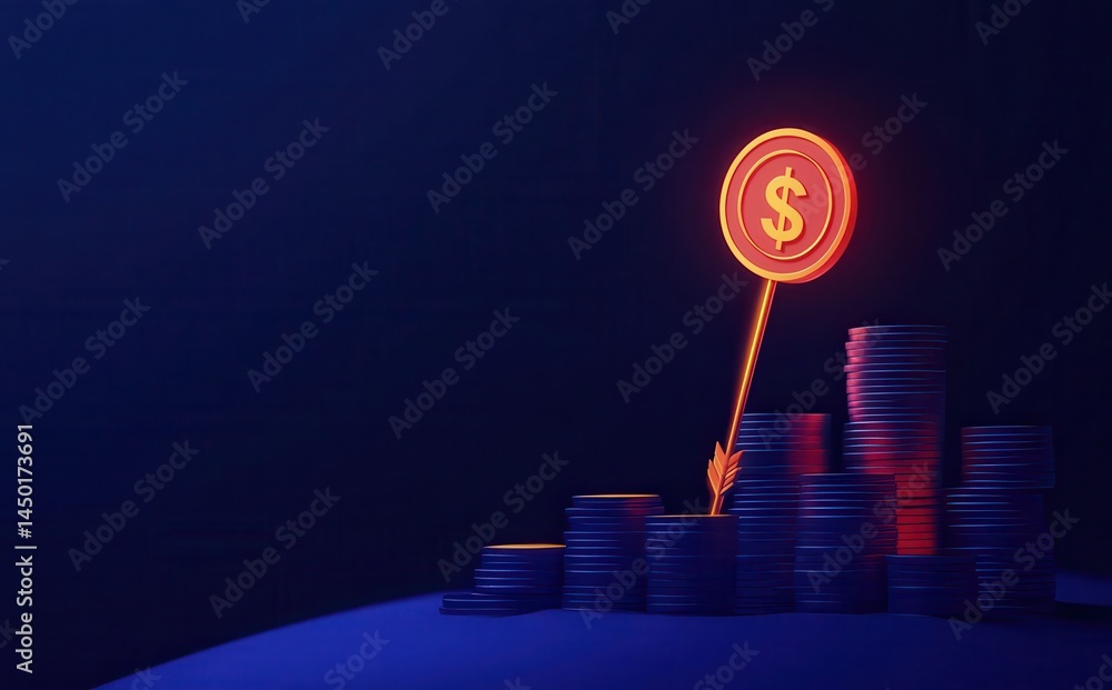 Poster 3d rendering of a blue background with a financial growth graph bar chart and a stack of coins pilin