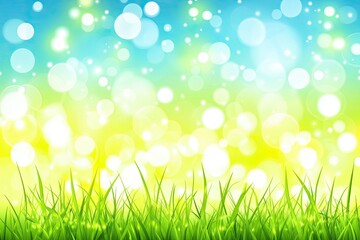 Fototapeta premium Vibrant spring grass field with bokeh lights. Fresh green grass at the foreground. Bokeh effect of bright yellow and blue lights in background