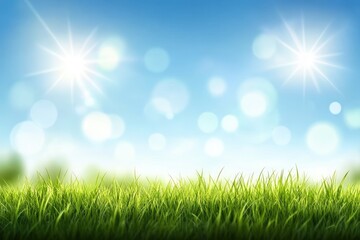 Obraz premium Fresh green grass field under a bright, sunny, and blurry bokeh sky