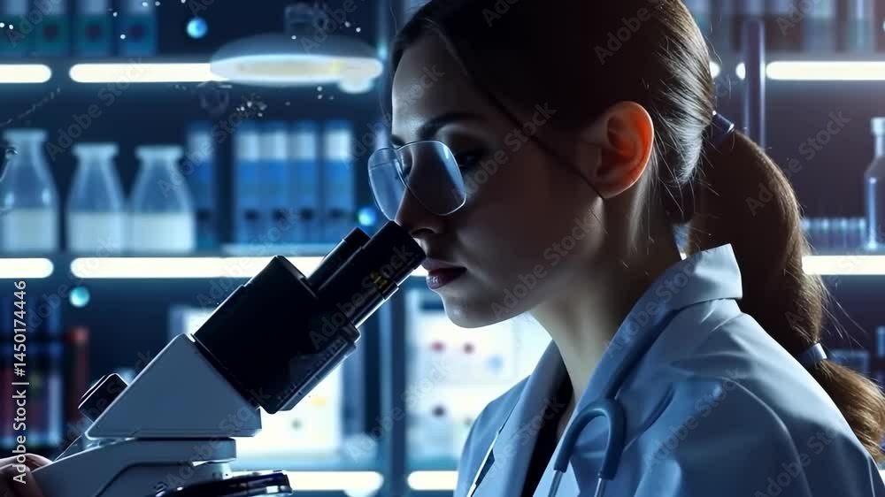 Poster Focused scientist examines sample through a microscope in the lab. Dressed in lab coat, the researcher studies for breakthroughs. Background shelves hold vials and solutions in a medical setting.