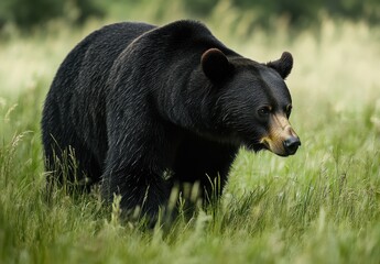 Fototapeta premium Black bear walking through tall grass in a serene natural landscape, showcasing the beauty of wildlife in its natural habitat during a sunny day