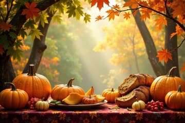 Abundant harvest table laden with gourds, fruits, and breads , festive, orange