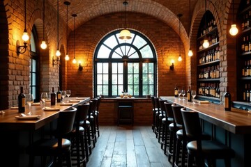 Fototapeta premium Rustic brick bar, wine cellar view, arched window, rustic, drink, cozy