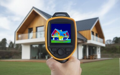Hand holding thermal camera inspecting house for energy efficiency.