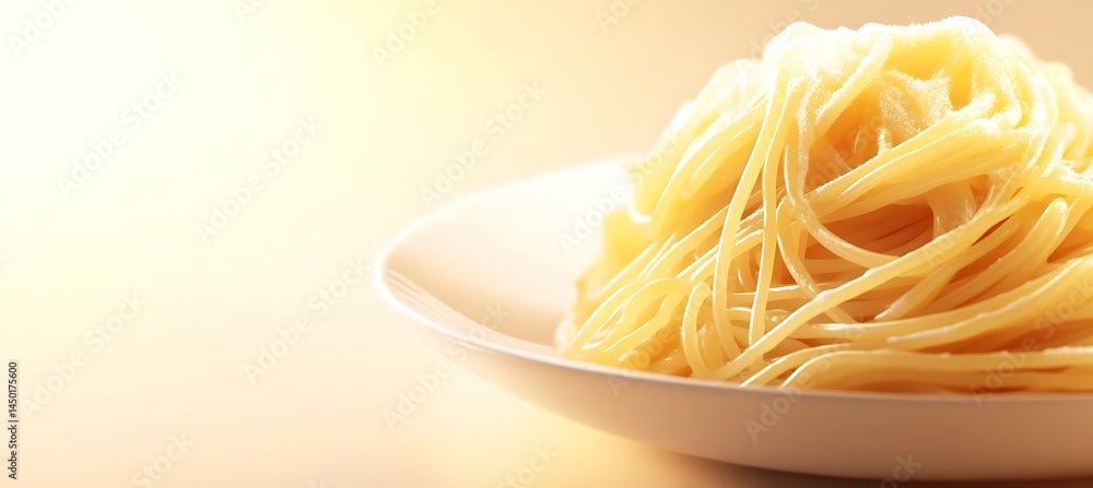 Poster minimal spaghetti dish styled on beige background featuring elegant presentation and copy space for 