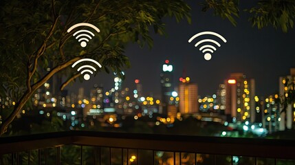 Seamless Connectivity: Wifi Signals Overlooking the Vibrant Cityscape at Night