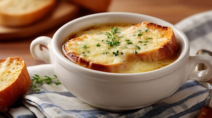 Creamy French Onion Soup with Toasted Cheese and Fresh Thyme Garnish in Elegant Dish