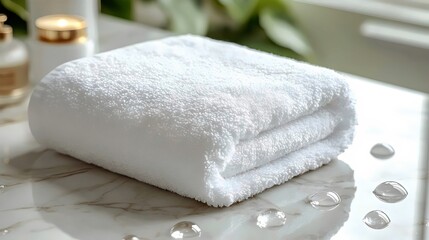 A pristine white towel, carefully folded, offering a sense of cleanliness and spa-like serenity on marble.