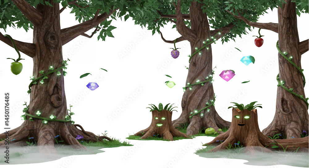 Poster fantasy forest with tall trees and glowing accents on a transparent background in a stylized render 