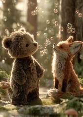 Fototapeta premium a couple of animals that are sitting in the grass together with bubbles in the air above them and a bear,