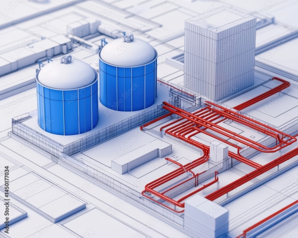 Poster 3d rendering of an industrial facility with storage tanks, pipelines, and a utility building on a bl