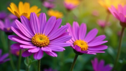 Obraz premium Perfectly symmetrical purple and yellow daisy, vibrant wildflower meadow , wildflowers, vibrant, flora