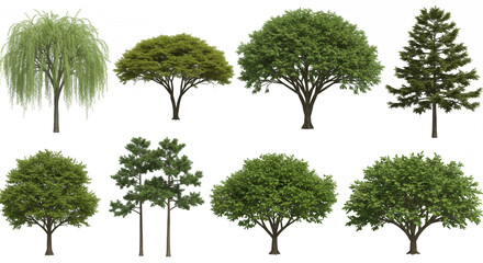 Obraz premium Group of Various Green Trees with Lush Foliage and Diverse Shapes Isolated on Transparent Background Botanical Illustration