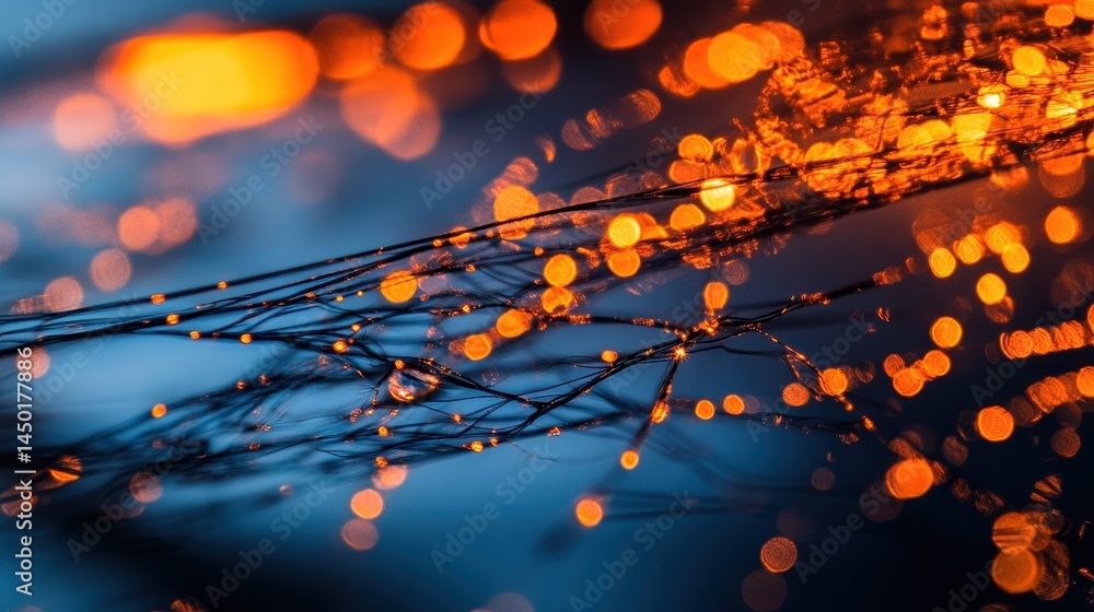 Poster abstract image of intricate, dark strands with vibrant, bokeh lights.