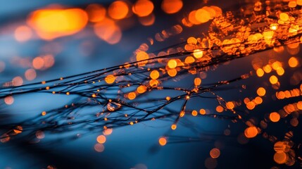Abstract image of intricate, dark strands with vibrant, bokeh lights.