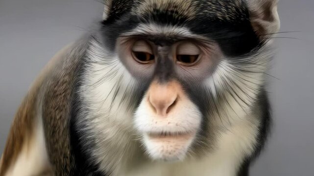 De Brazza's monkey portrait looking at camera with fur detail and muted gray background, captivating animal portrait