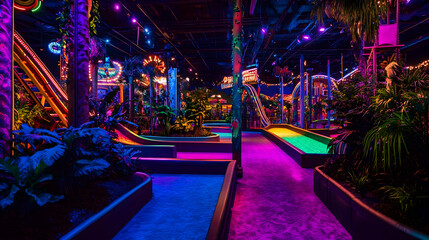 Vivid neon glow illuminates an indoor miniature golf course amusement park