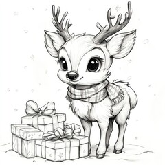 Cute reindeer with gifts, snowy background, Christmas card