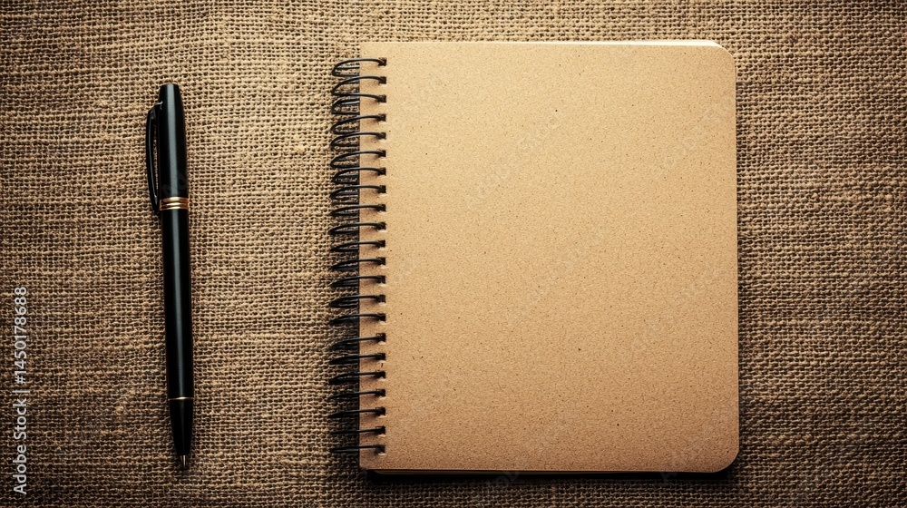 Poster empty notebook and pen on a textured surface.