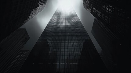 Urban skyscrapers reaching towards a luminous sky.