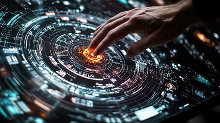 Human hand interacting with advanced digital interface displaying complex data