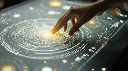 Interactive digital interface with touch interaction displaying complex data