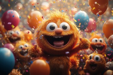 Happy furry creatures celebrate with balloons