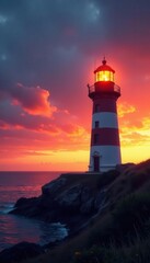 Solitary lighthouse, glowing beam, fiery sunset sky , sunset, purple, lighthouse