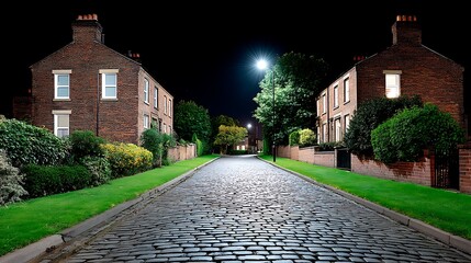 Cobblestone Street at Night with Quiet English Village.