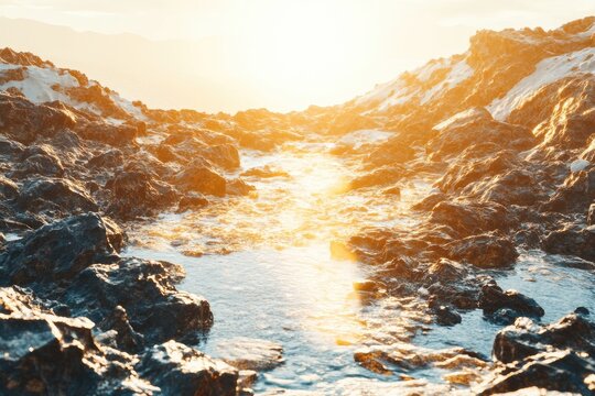 Sunlit rocky waterway. Rocky pathway illuminated by golden sunlight, flowing water, and a stunning natural landscape