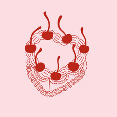 Coquette aesthetics retro cake. Vintage heart shaped cake with cherries in outline style. Holiday, birthday, Valentine’s day vector illustration for posters, cards, printing on t-shirt etc.