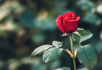 Obraz premium Close-Up of Vibrant Red Rose Bloom Surrounded by Lush Green Foliage in a Natural Garden Setting on a Sunny Day