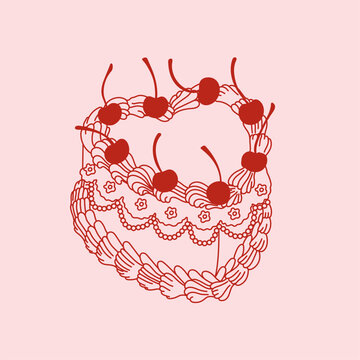 Coquette aesthetics retro cake. Vintage heart shaped cake with cherries in outline style. Holiday, birthday, Valentine&rsquo;s day vector illustration for posters, cards, printing on t-shirt etc.