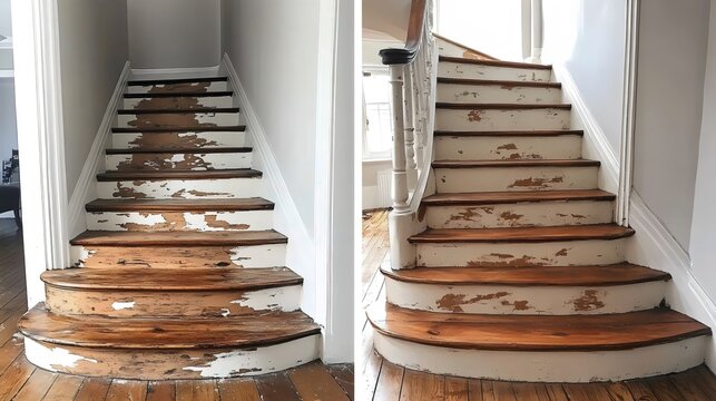 A detailed view of an old staircase, with peeling paint and exposed wooden steps, indoors.