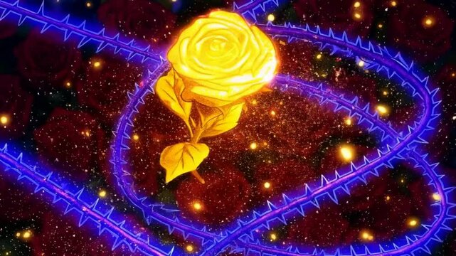 A radiant golden rose floats in a mystical