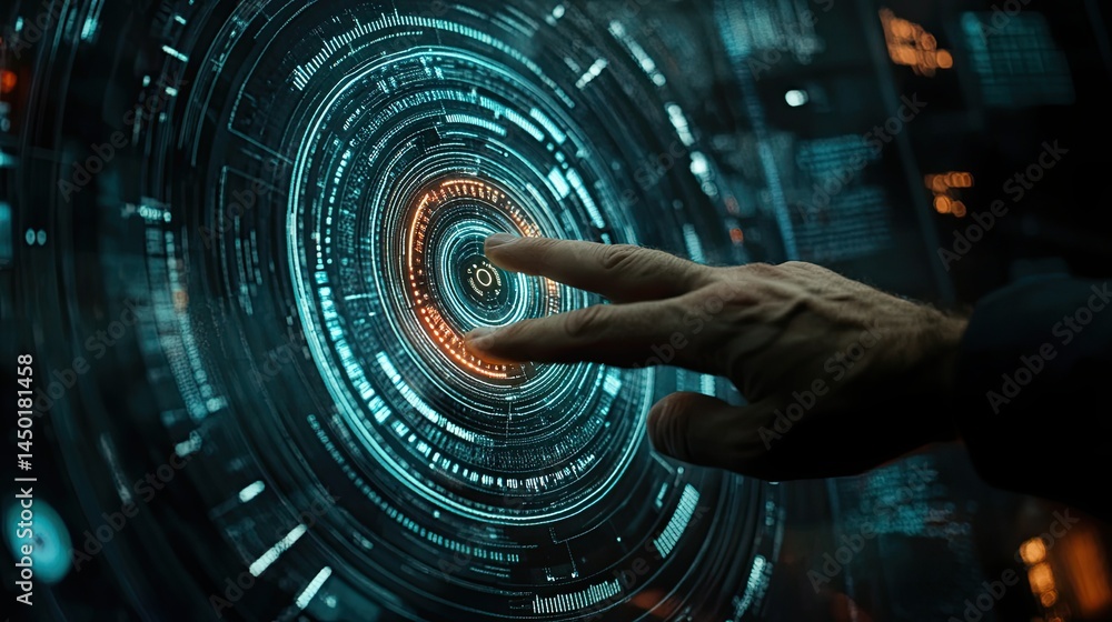 Poster futuristic interaction: person interacting with advanced digital interface