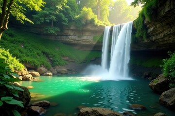 Fototapeta premium Sunlit waterfall plunges into emerald pool, surrounded by dense foliage , tropical, waterfall, clear