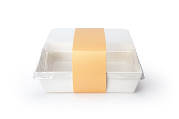 Food container with cover sticker mockup isolated on white background