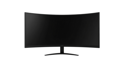 Modern black computer monitor with curved screen, isolated on transparent background. PNG
