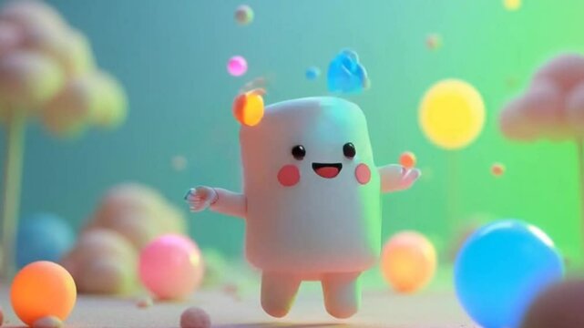 Happy animated marshmallow character bouncing among colorful balls and lights seamless looping 4k time-lapse animation video background